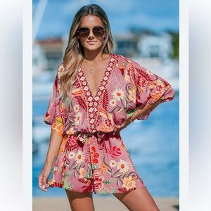 Cupshe Boho Tropical Floral Bird Print Mini Dress Pink Beach Vacation Small
